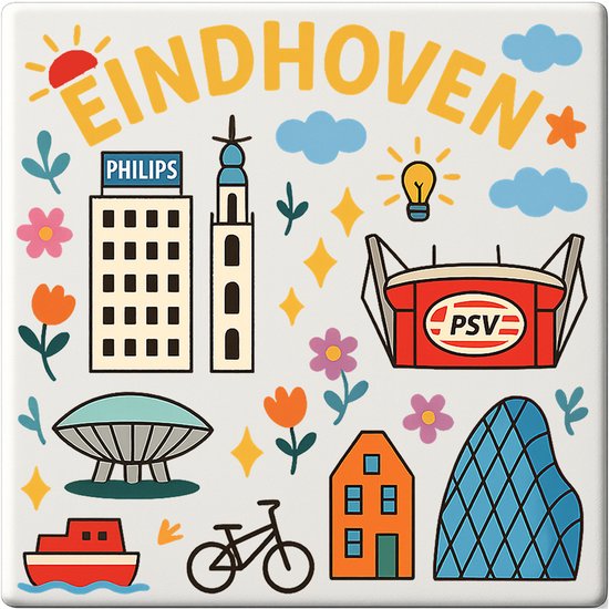 Carreau d'Eindhoven - 15 x 15 cm - Céramique - Souvenir décoratif - Avec support/chevalet transparent - Cadeau - Carreaux avec texte