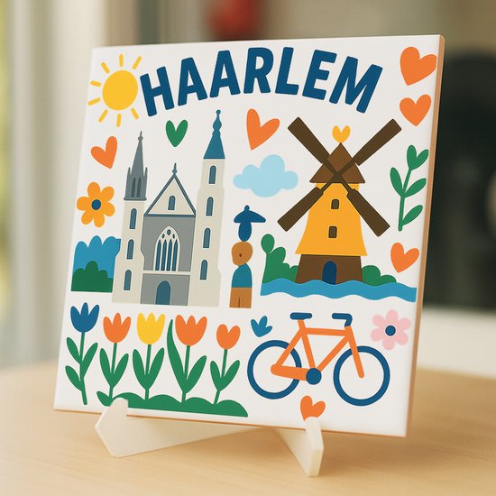 Carreau de Haarlem - 15 x 15 cm - Céramique - Souvenir décoratif - Avec support/chevalet transparent - Cadeau - Carreaux avec texte