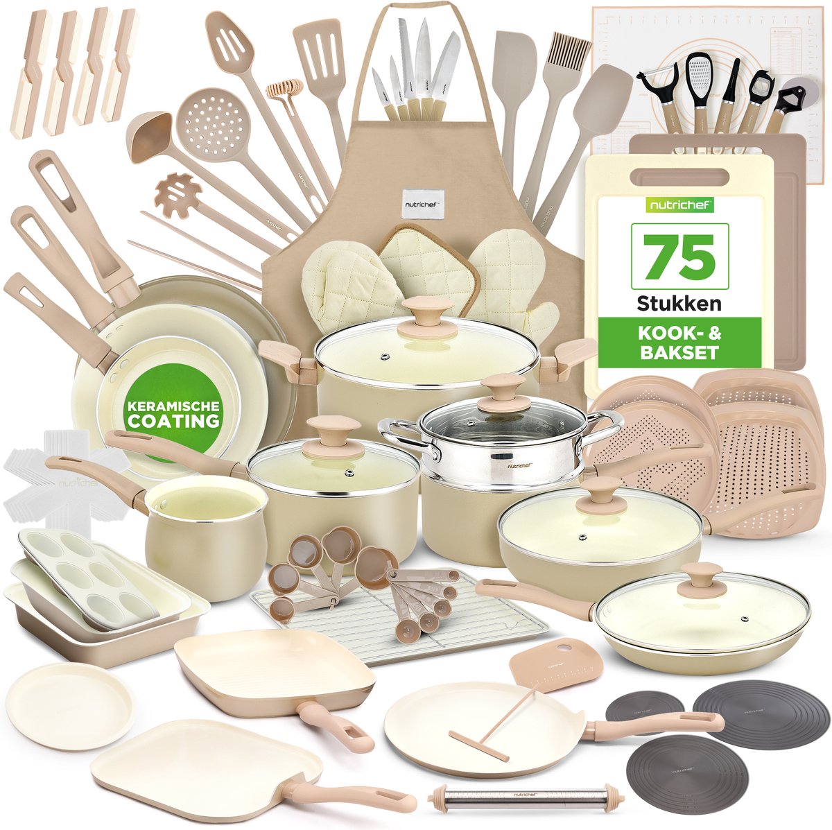 NutriChef 75-delige anti-aanbak pannenset – complete keramische kookset met bakvormen, keukengerei, messenset & accessoires – vlekbestendig, voedselveilig – crème/bruin