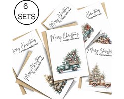 Luxe kerstkaarten set van 6 - Retro design - gevouwen - Inclusief envelop