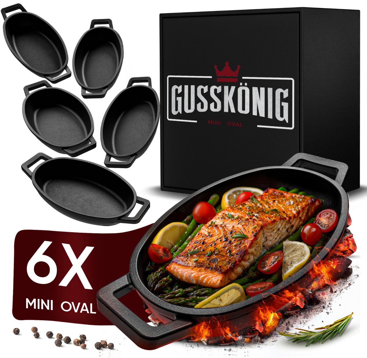 GUSSKÖNIG Serveerpan - 6 ovale gietijzeren grillpannetjes - kleine gietijzeren pan - serveerpannenset