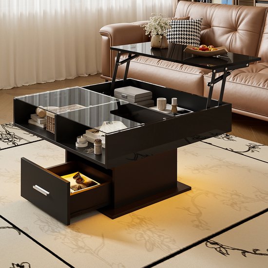 DUMOS Salontafel in hoogte verstelbaar, kwaliteit woonkamertafel, multifunctionele koffietafel, uittrekbaar, salontafel met opbergruimte, geschikt voor woonkamer, slaapkamer, kantoor (zwart