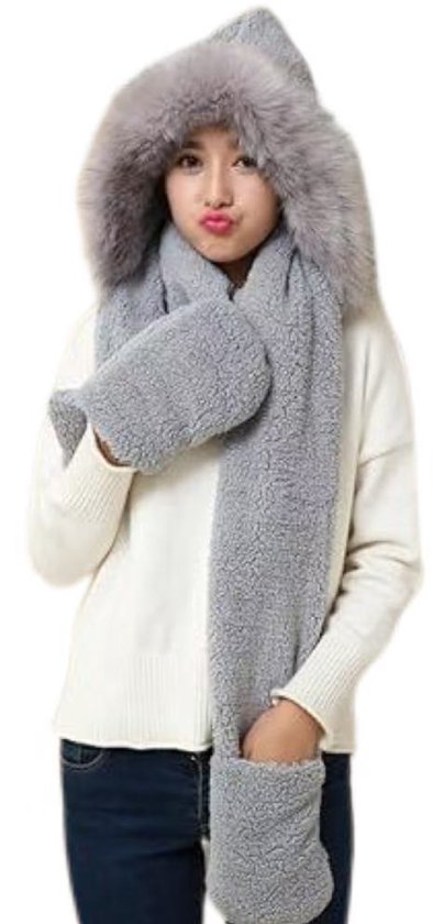 CheChury Gebreide muts sjaal handschoenen winter set sjaal en muts kraag zacht warm touchscreen handschoenen voor dames heren, #1 Grijs, One Size