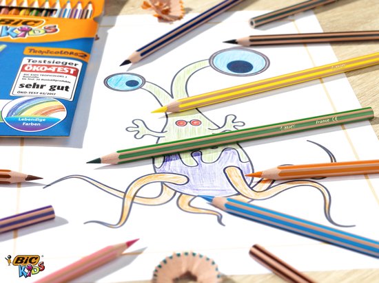 Bic Kids Tropicolors potloden op een bureau met een monster tekening.