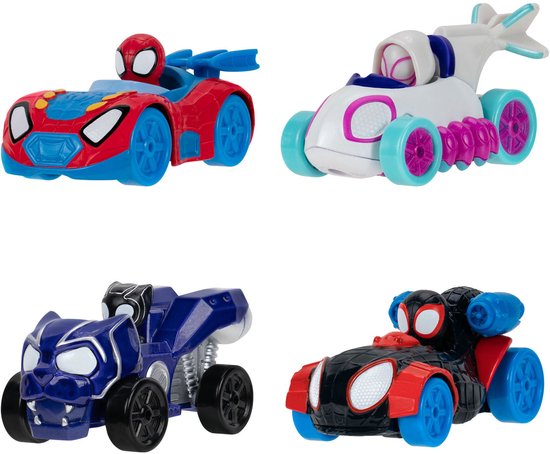Quatre voitures jouets Spidey and His Amazing Friends : voiture rouge Spidey, voiture blanche Ghost-Spider, voiture bleue Kraven et voiture noire Miles Morales.