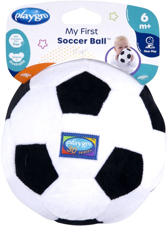 Playgro Baby Pluche Voetbal - Mijn eerste bal - Baby bal - Baby speelgoed - Voetbal Baby - Zachte Baby bal - Rammelaar Baby - Baby bal - Baby Speelgoed - Educatief baby speelgoed - Rammelaar - Zwart Wit - Belletje - 13cm