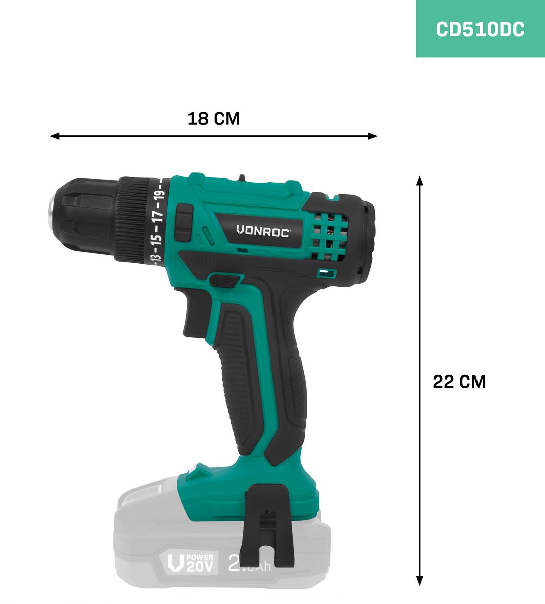 VONROC Accuboormachine 20V – 19+1 standen, 25Nm thumbnail 6