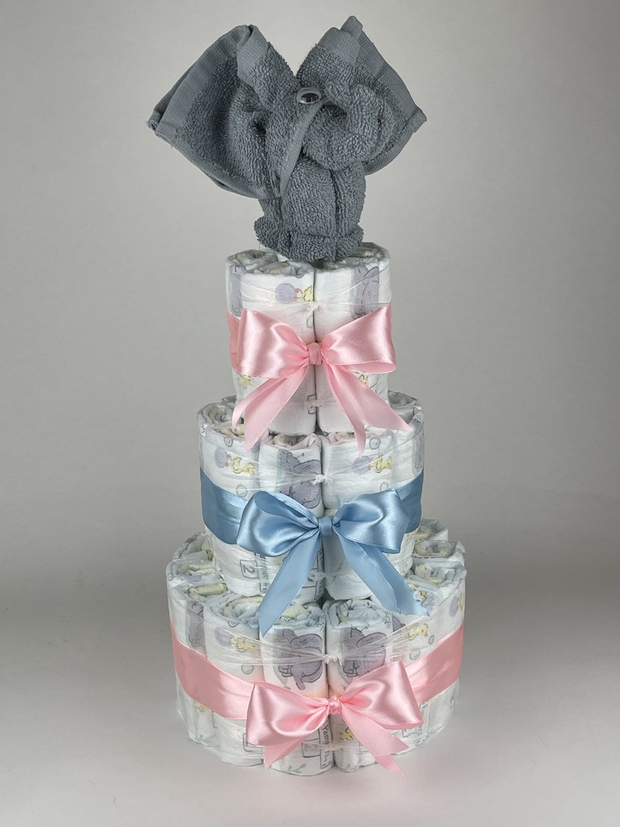 Chouette-Chouette | Luiertaart Neutraal | Kraamcadeau | Geboorte Jongen Meisje | Babyshower | Olifant Grey-Blue - Roze - Blauw