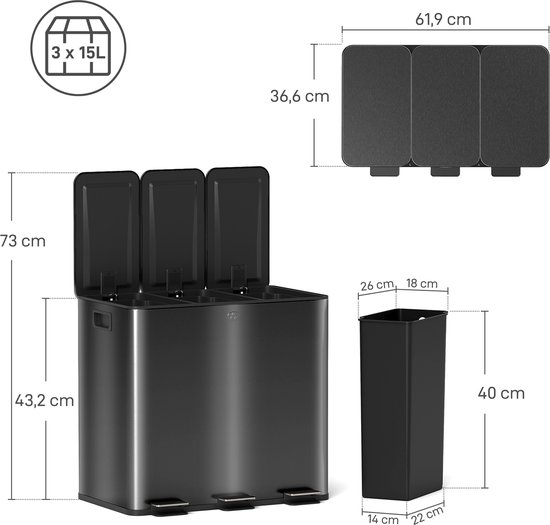 Clevich Selectief sorteersysteem, 3 x 15 liter staal, vuilnisemmer met 3 vakken met kleurgecodeerde pedalen, vuilnisemmer met softclose-deksel en binnenemmers, zwart Clevich Selectief sorteersysteem, 3 x 15 liter staal, vuilnisemmer met 3 vakken met kleurgecodeerde pedalen, vuilnisemmer met softclose-deksel en binnenemmers, zwart
