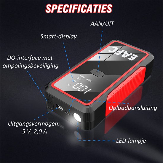 Startbooster "EAFC", zwart met rode rand. Digitale display toont 100%. LED-lampje, USB-poort en laadaansluiting zichtbaar. Gemarkeerde functies.