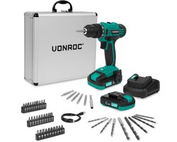 VONROC Accuboormachine 20V – 19 schroefstanden + boorstand – Incl. 2x 2.0Ah accu, snellader en 46 accessoires in luxe koffer