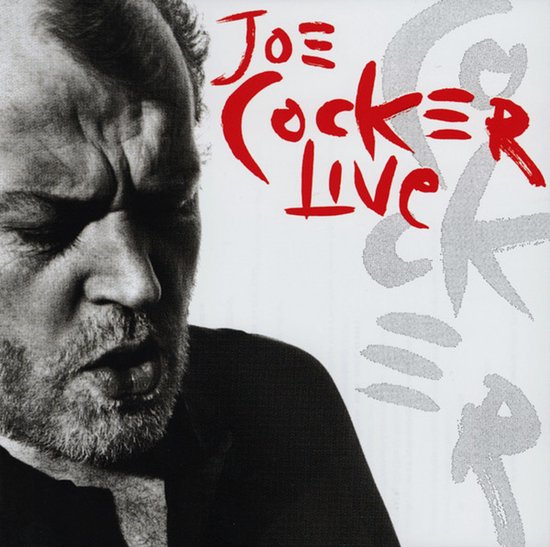 Close-up van Joe Cocker, met rode tekst 'Joe Cocker Live'.