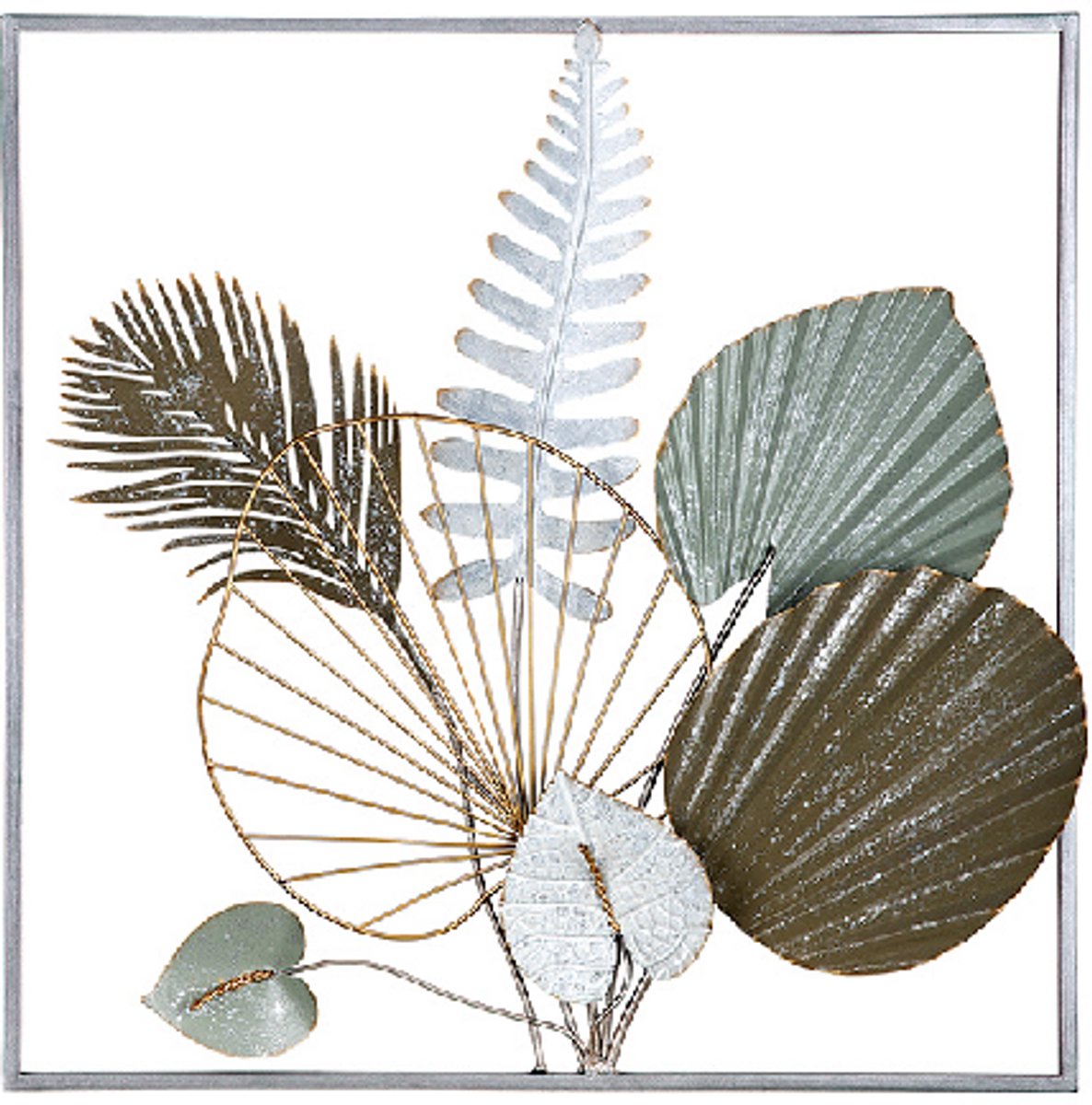 Handgemaakt muurobject metaal bladeren 6 -5x50x50 cm olijfgroen goud bruin muurdecoratie