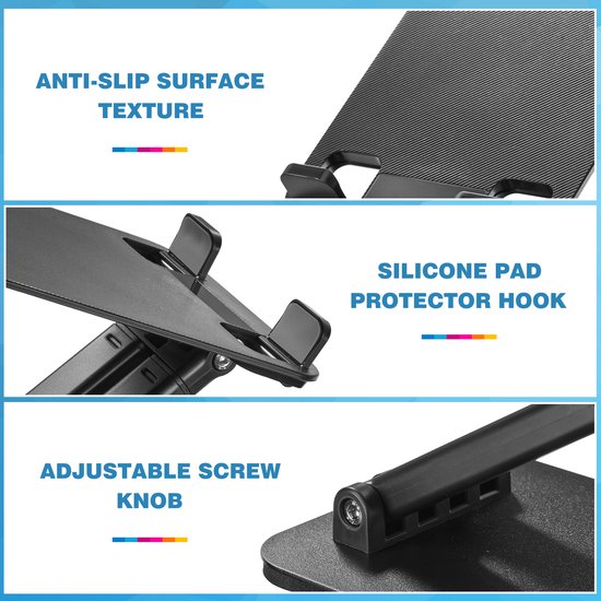 Details van de zwarte tabletstandaard: anti-slip textuur, siliconen pad, verstelbare schroefknop.