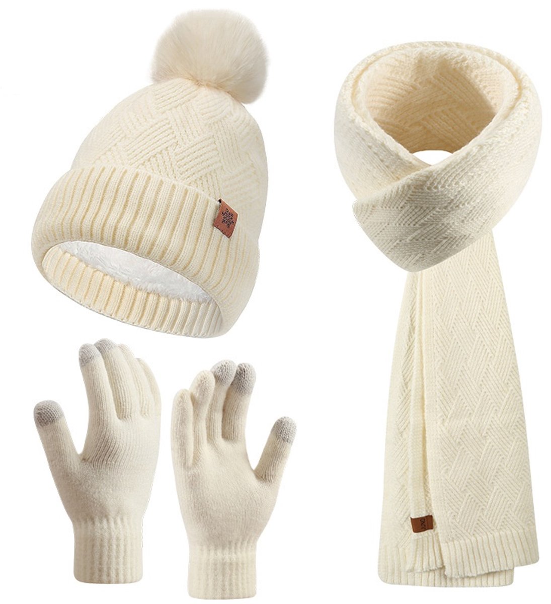 Winterset met muts, sjaal en handschoenen voor dames, 3-delige gebreide set, touchscreen-handschoenen, warme buitenkleding van dubbellaagse wol,Crème