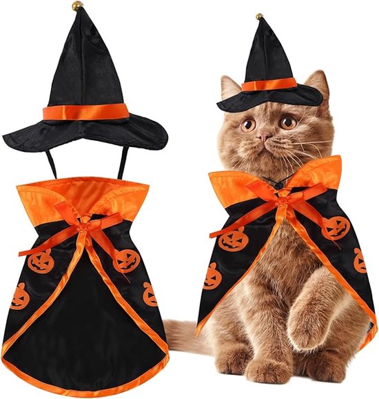 Huisdier Halloween Cape - Huisdierkostuums - Kattentovenaarskostuum - Grappig tovenaarskattenkostuum - Schattige huisdieren - Cape en tovenaarshoed voor kleine honden - Halloween Cosplaykostuum - Geschikt voor kleine honden en katten