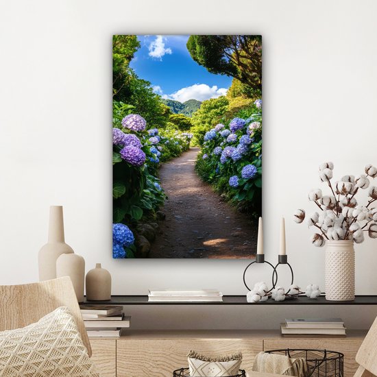 Tableau sur toile 60x90 cm - Décoration murale Hortensia - Chemin - Fleurs - Décoration murale salon - Décoration chambre - Accessoires chambre - Peintures sur toile