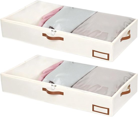 Lot de 2 Boîtes de rangement sous le lit White cassé 108 L - Grand sac de rangement pour vêtements avec poignées et couvercle transparent - Toile de coton 900D - Boîte de rangement pliable pour vêtements, couvertures et pulls