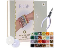 RICHLY® Kralenset Luxe Natuursteen - incl. Instructieboekje Sieraden Maken - Armbandjes Maken met kraaltjes meisjes & dames - Natuurkleuren edelstenen - Kralenketting - Kralendoos - Complete beginnerset