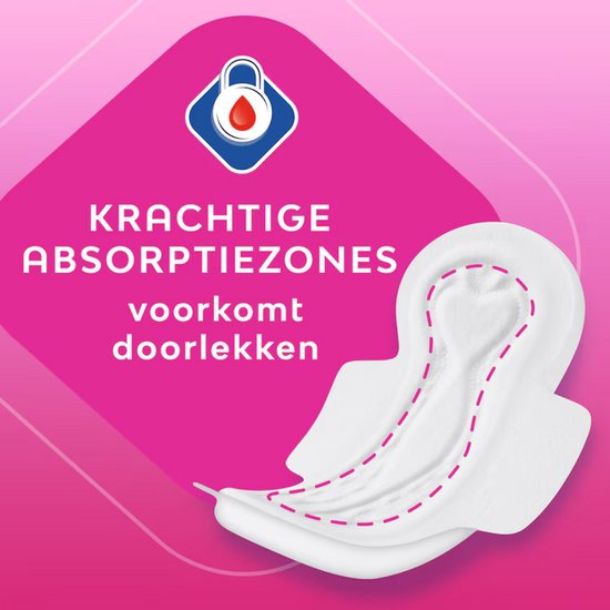 Wit maandverband met roze stiksel en de tekst 'krachtige absorptiezones voorkomt doorlekken'.