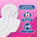 Detail van een wit maandverband met vleugels. Iconen tonen 'Cushiony protection', 'Protection barriers', 'Comfortable fit'.