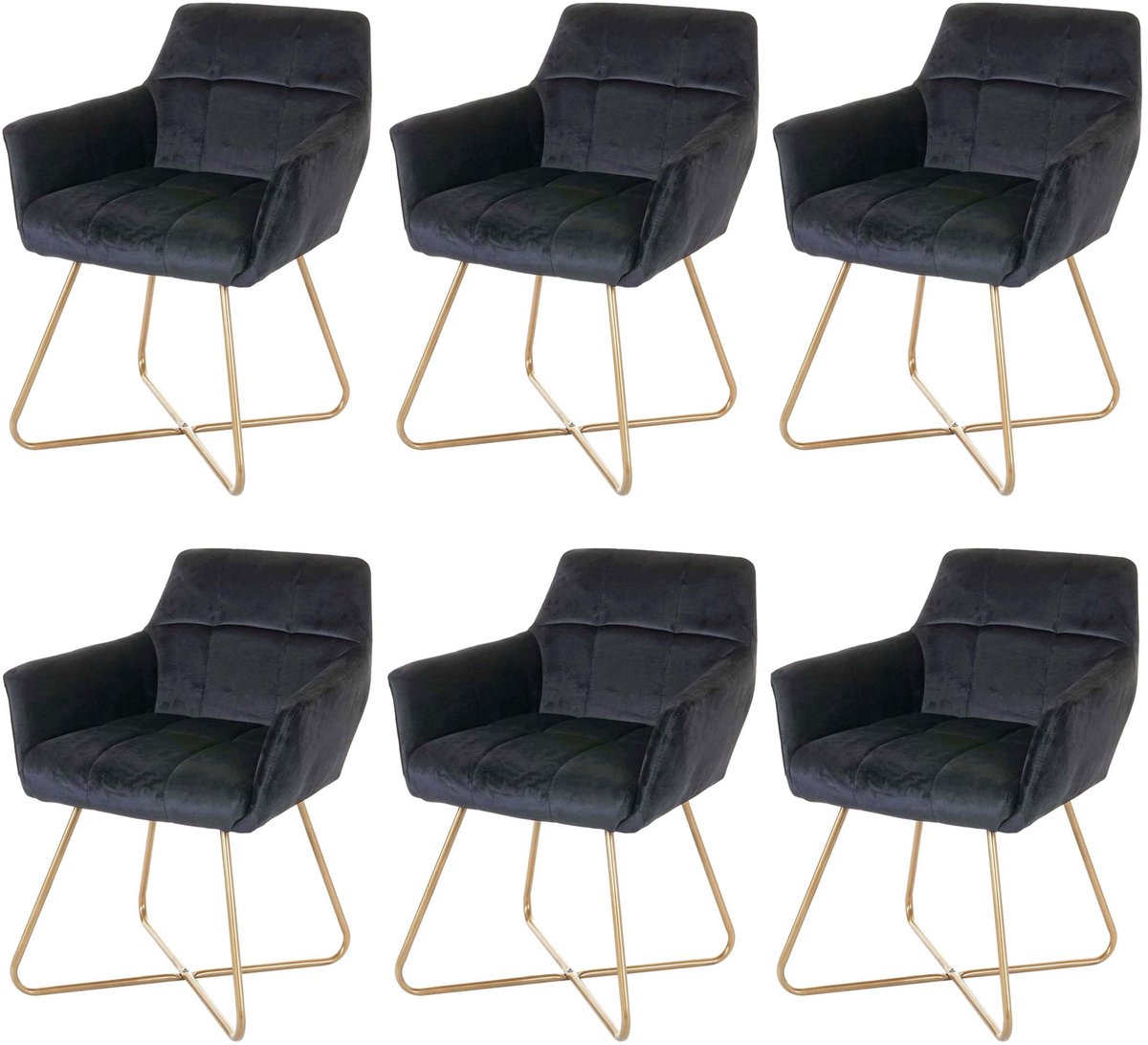 MCW Set van 6 eetkamerstoel MCW-F37, stoel keukenstoel, retro design fluweel gouden poten ~ zwart