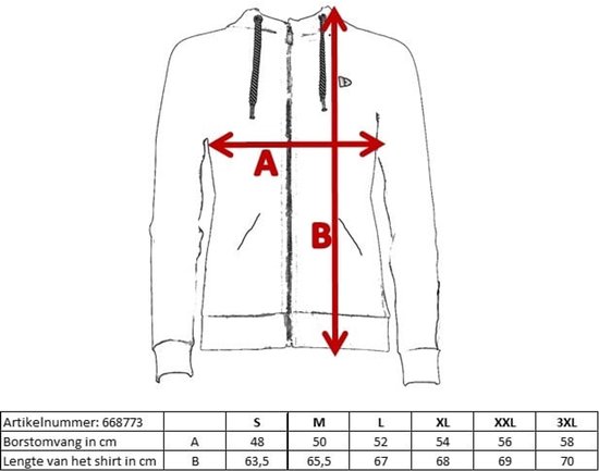 Maattabel voor een zwart damesvest met capuchon: A (borstomvang) en B (lengte).
