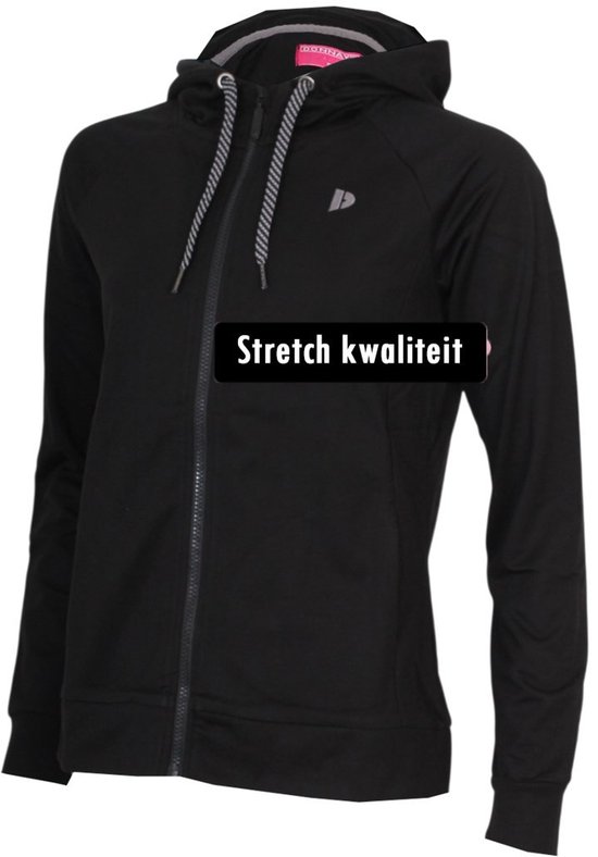 Zwarte hoodie voor dames met rits en capuchon, met opdruk 'Stretch kwaliteit'.