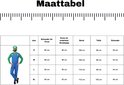 Maattabel voor een verkleedkostuum met afbeelding van een man in kostuum.