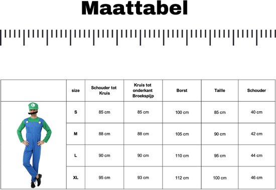 Maattabel voor een verkleedkostuum met afbeelding van een man in kostuum.