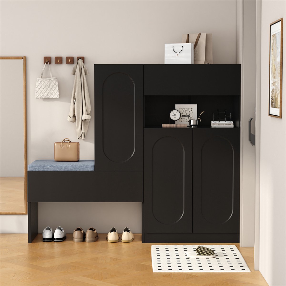 YEHTOKHOME Schoenenkast houten - 130x35x110 cm - drie deuren - multifunctioneel schoenenrek met gestoffeerde zitting - verstelbare planken - 1 lade - zwart