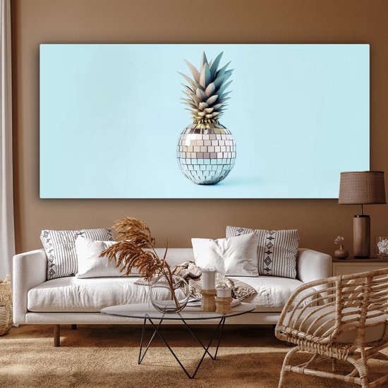 Canvas schilderij 200x100 cm - Exclusieve wanddecoratie Blauw - Ananas - Disco - Discobal - Muurdecoratie accessoires - Keuken decoratie muur - Schilderijen op canvas