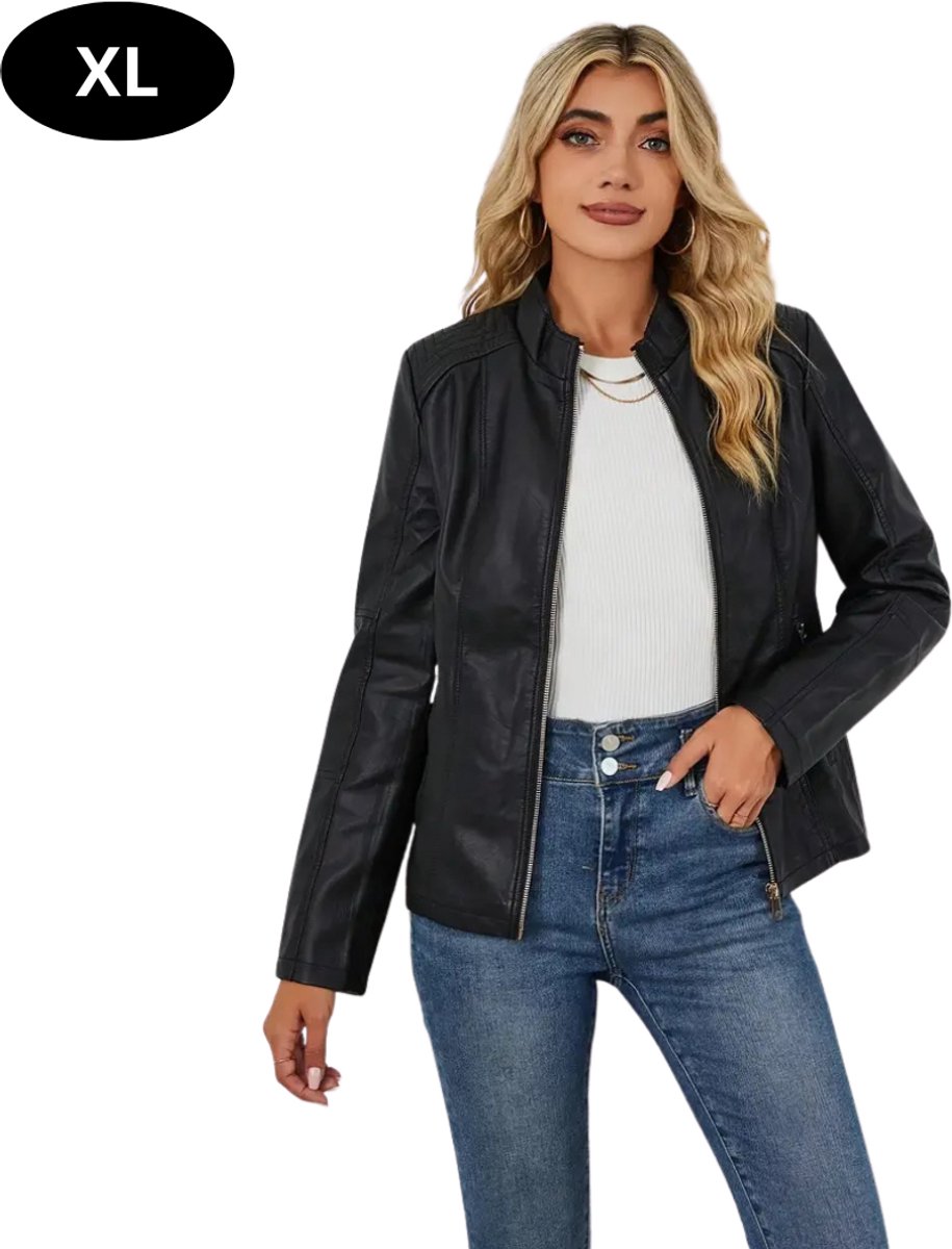 Bovista Kunst Leren Jas Leather Jacket Lederen Jas Bomberjack Pilotenjack Blazer Biker Motorjas Motormuis Dames Zwart