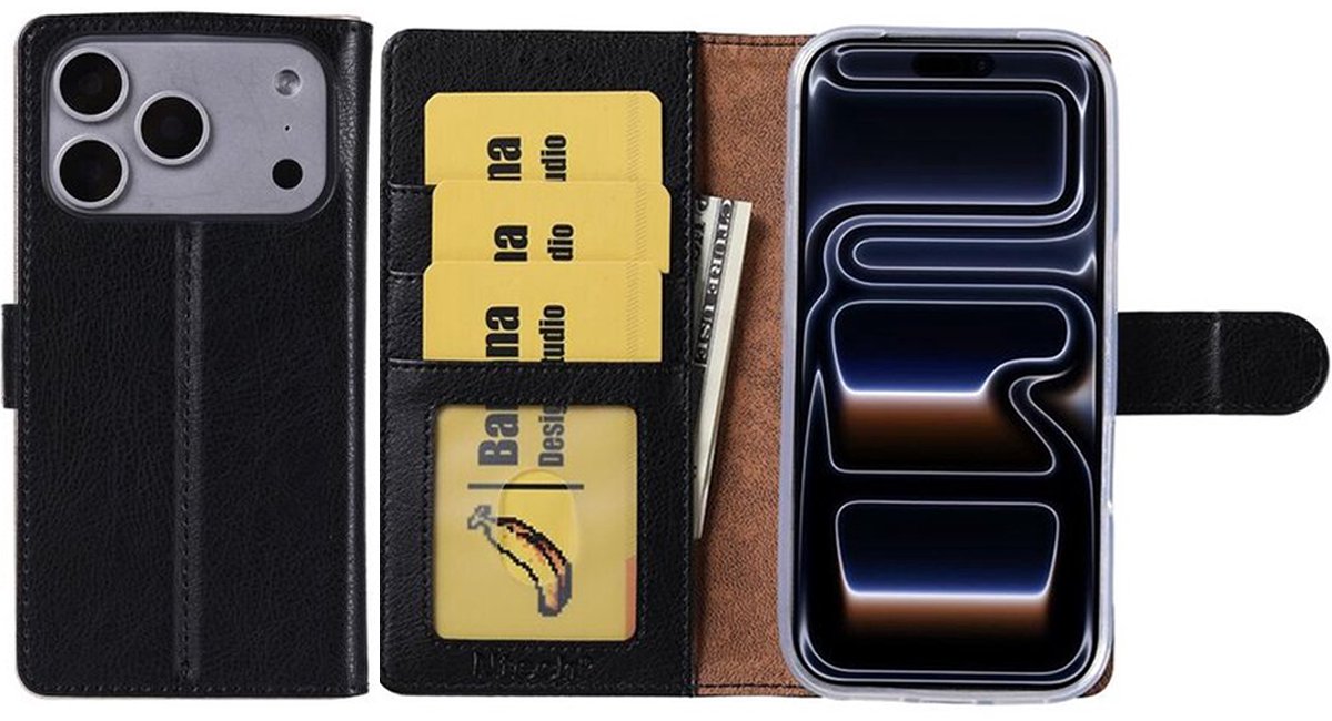 Hoesje Geschikt voor iPhone 17 Pro – Arara bookcase met pasjeshouder - Zwart