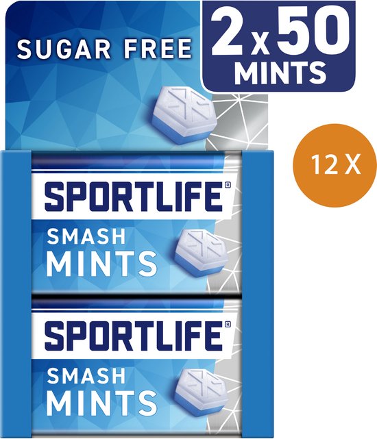 Verpakking van Sportlife Smash Mints suikervrije pepermuntjes, 12 verpakkingen van 2x35g.