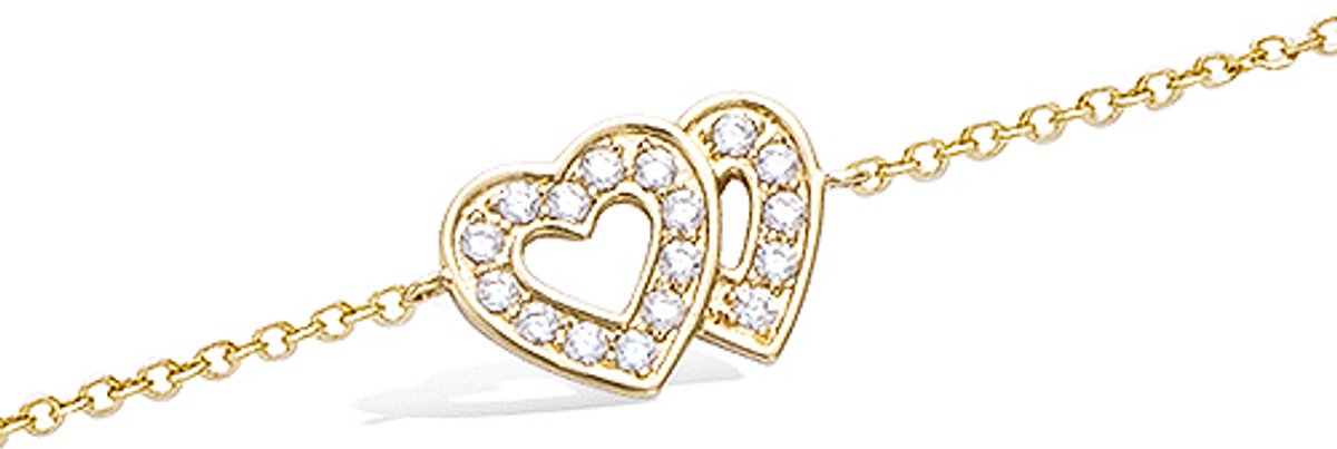 CHIVAL Armband 18K Verguld Goud "Double Love" – 2 Hartjes, Zirkonia, Luxe, Perfect Cadeau voor Haar, Hart, Stenen, Liefde, Romantiek, Geschenkverpakking, Sieraad, Elegant