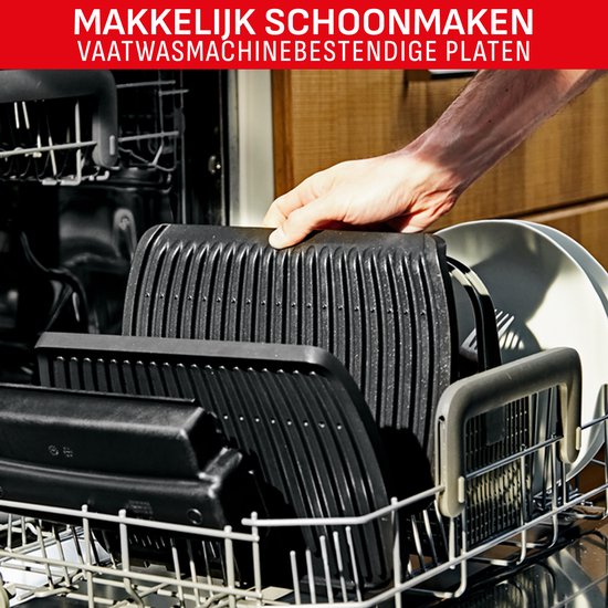 Makkelijk schoonmaken van de Tefal OptiGrill+. Vaatwasbestendige platen worden in de vaatwasser geplaatst.