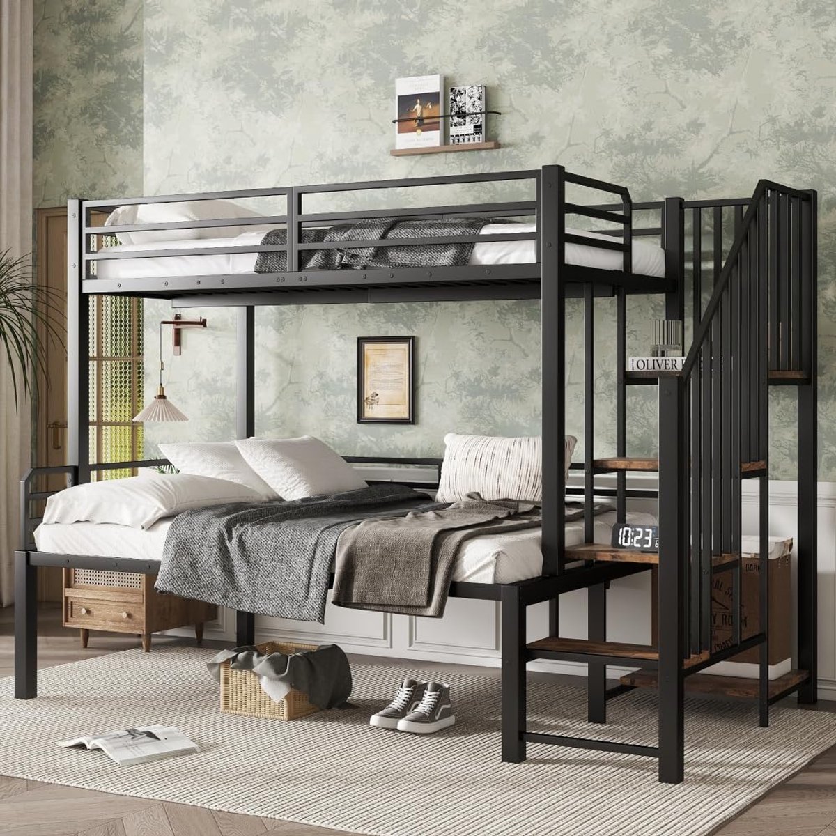 IJzeren bed, stapelbed, hoogslaper, kinderen/tieners, tafel, kledingkast, zijladder (leuning), ijzer spaanplaat, zwart donker IJzeren bed, stapelbed, hoogslaper, kinderen/tieners, tafel, kledingkast, zijladder (leuning), ijzer spaanplaat, zwart donker