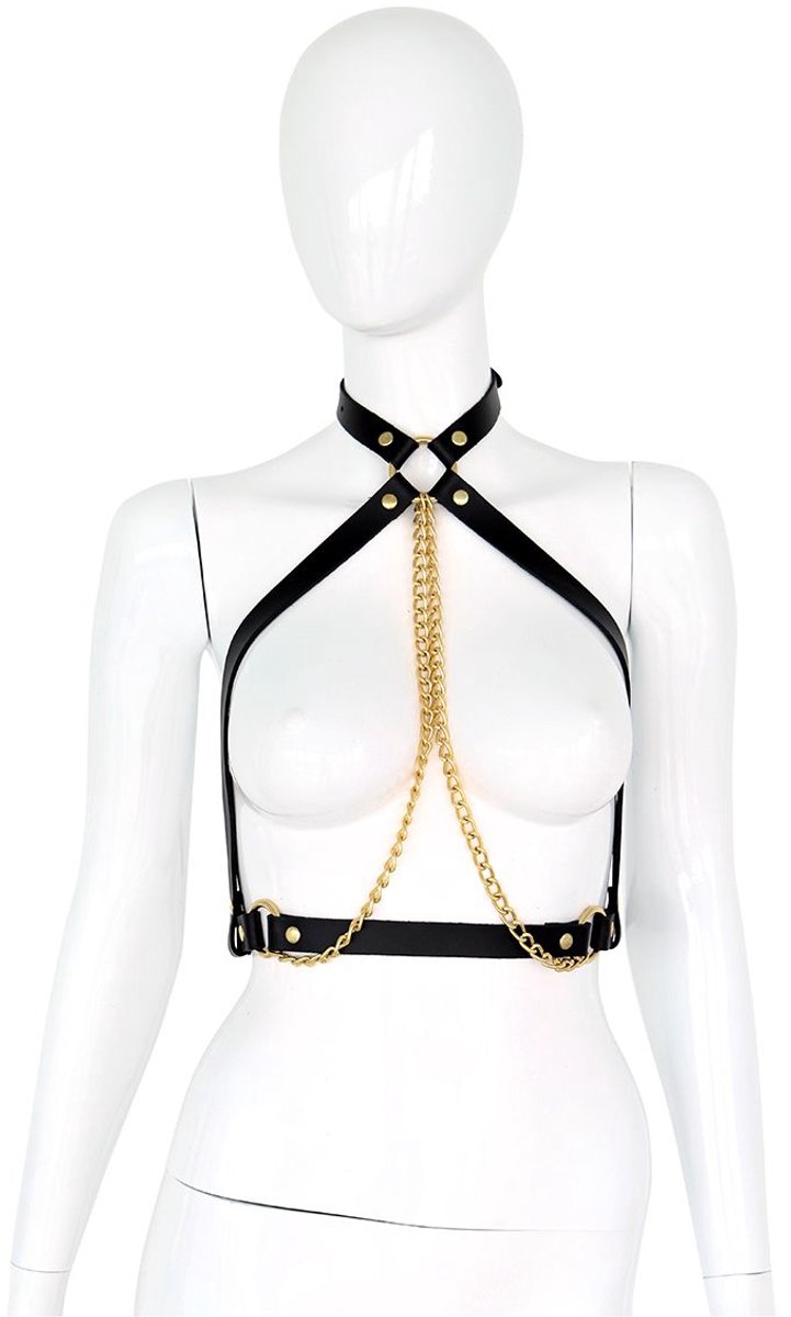Kiotos Leather - Body Harnas - Leren Riemen Body met Gouden Ketting - Verstelbaar - Zwart Goud