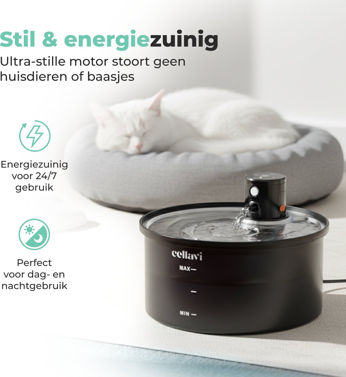 Cellavi R3A-X - Draadloze RVS Drinkfontein Kat met Sensor - Waterfontein voor Kat en Hond met 3 Standen - Kattenfontein 3.2L - 5200mAh Batterij - Fluisterstil thumbnail 4