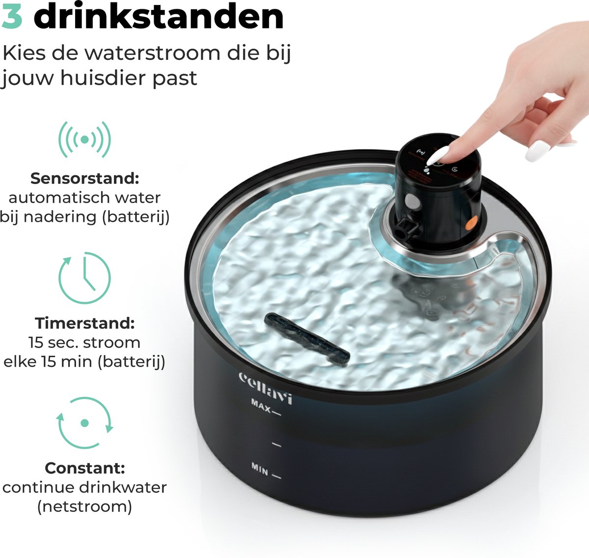 Cellavi R3A-X - Draadloze RVS Drinkfontein Kat met Sensor - Waterfontein voor Kat en Hond met 3 Standen - Kattenfontein 3.2L - 5200mAh Batterij - Fluisterstil thumbnail 5