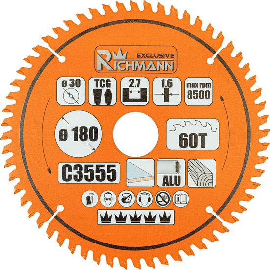 Orange zaagblad met "RICHMANN EXCLUSIVE" logo, "180" "60T" en veiligheidssymbolen.