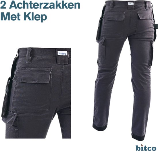 BITCO- SAUER -Stretch Black Work Pants Men Poches genouillères hydrofuges et oléofuges Renforcé en Water