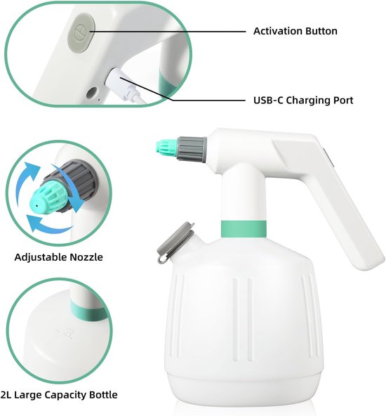 Uten JKW-PS04 Elektrische Drukspuit - 2 liter - voor bewatering, onkruidbestrijding, schoonmaken en auto detailing - Incl. USB-C laadkabel van uten — afbeelding 3