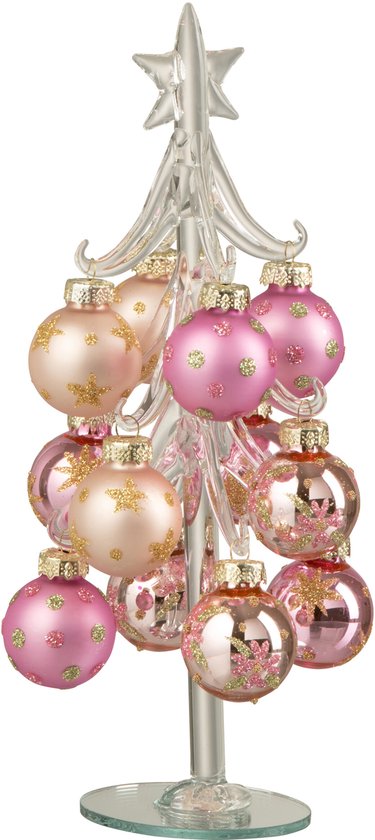 Sapin de Noël transparent orné de boules roses et dorées, décoré d'étoiles et de paillettes.
