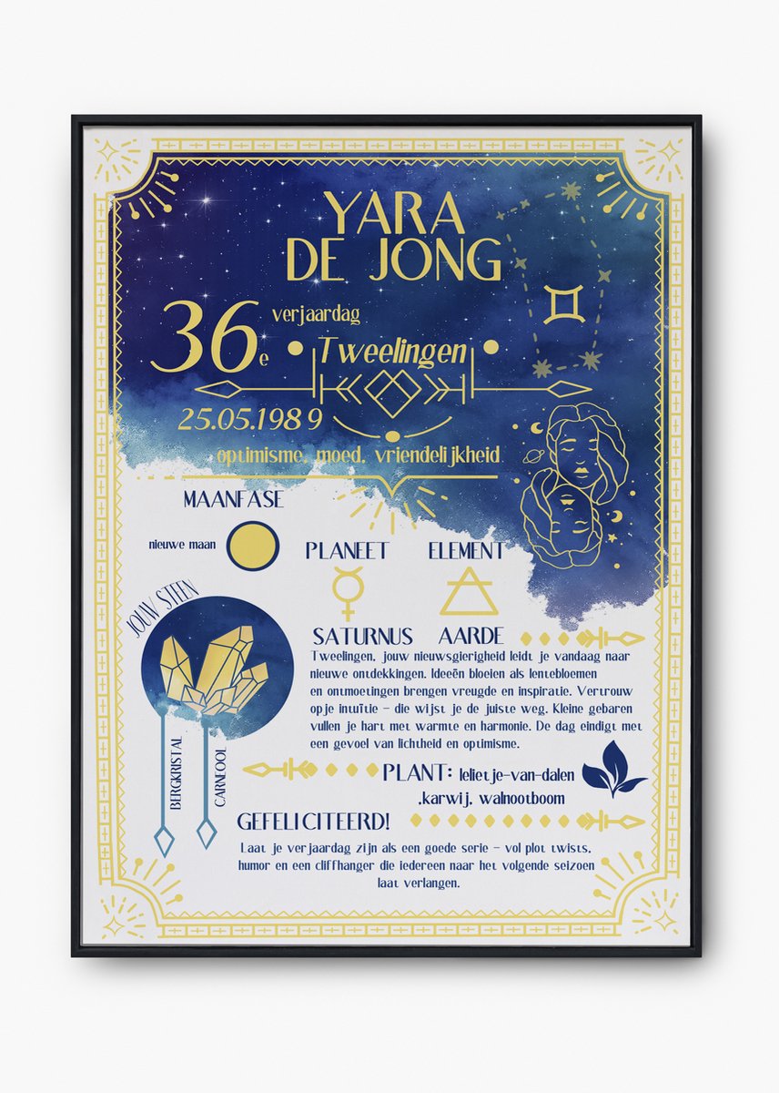 Gepersonaliseerde Sterrenbeeld Poster-Uniek Verjaardagscadeau-Zodiac Tweelingen- Horoscoop & Geboortedatum-maat A4-verjaardagsposter