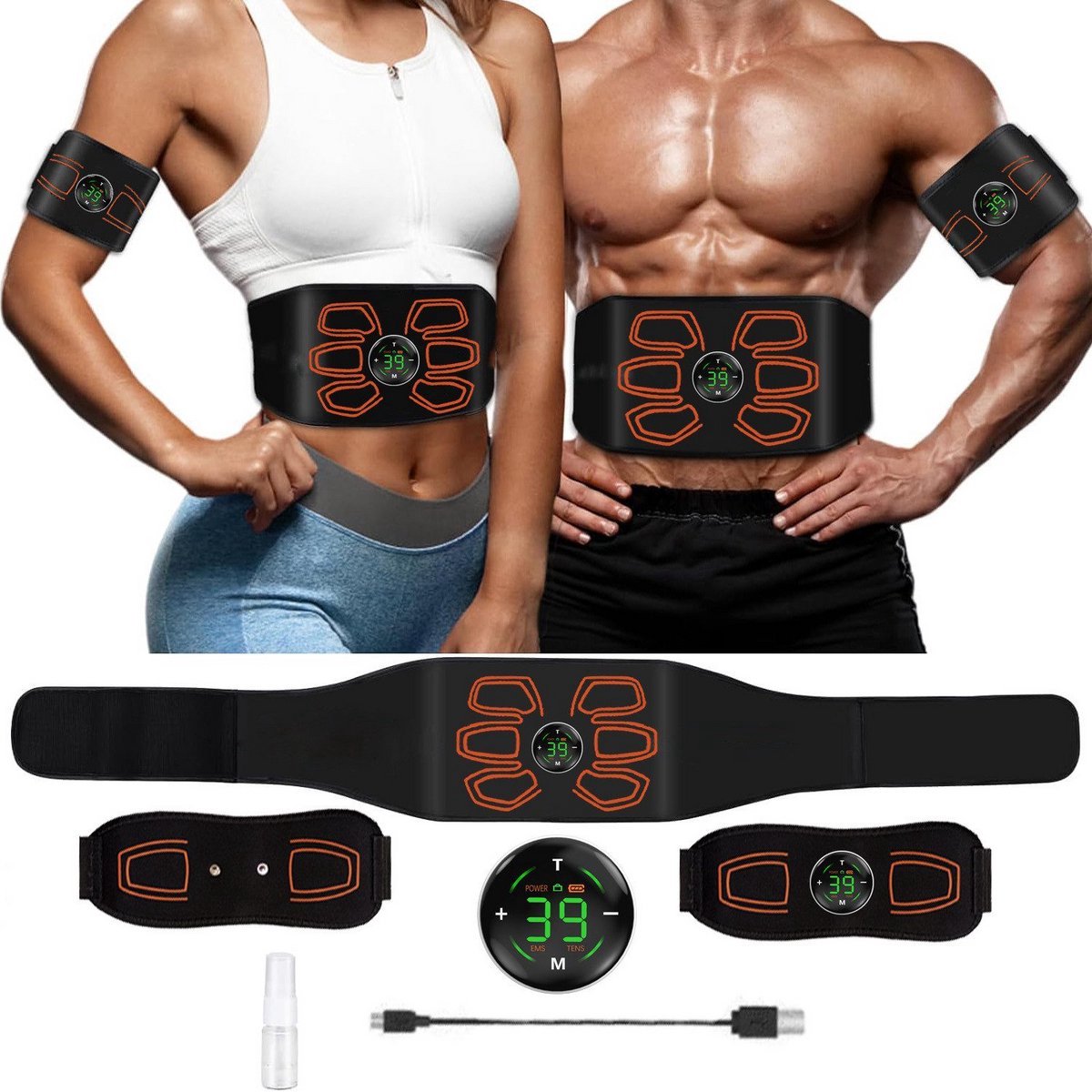 Namajunas - Ems trainer usb oplaadbaar - Buikspieren Trainer Elektrisch - Afslankband buik - Spier massage apparaat - Spierstimulator apparaat - Arm trainer - 15 modi, 39 intensiteiten en LCD-scherm - voor heren en dames voor spieropbouw