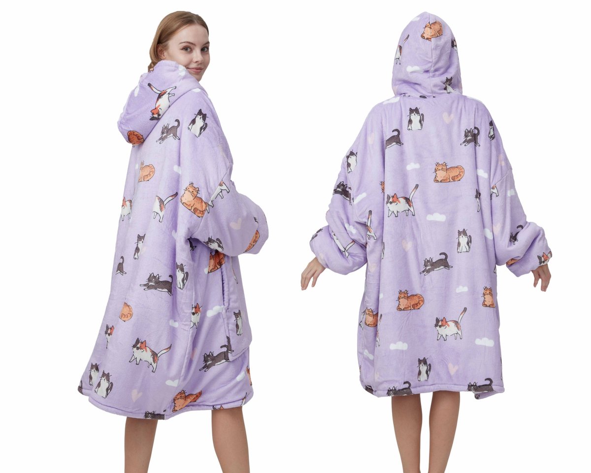 Q-Living Hoodie Deken - Plaid Met Mouwen - Hoodie - Snuggle Hoodie - Fleece Deken Met Mouwen - 1450 gram - Kat - Lila — cadeau in Wonen & Interieur - foto 8