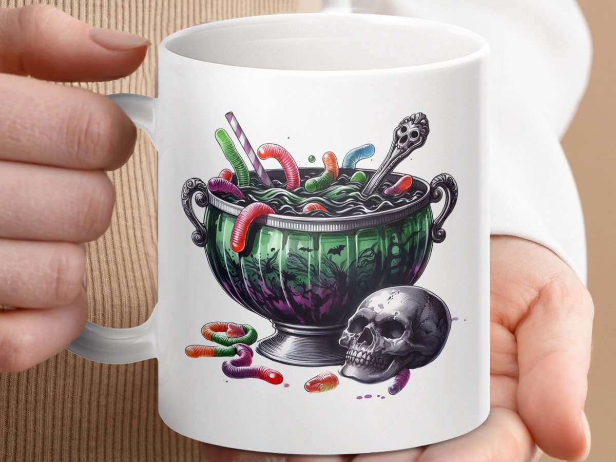 Mok Halloween Heks Ketel, Wormen, Schedel, Hekserij, Griezelig, Herfst, Spookachtig, Geest
