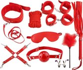 Bondage set van 10 stuks, zwart. Oogmasker, zweep, kraag, mondbal en meer. Alles om uw slaapkameractiviteiten leuker te maken. Rood